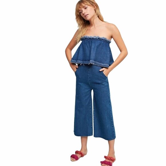 JOA LA Wide Leg Cropped Strapless Denim Jumpsuit - Picture 2 of 9